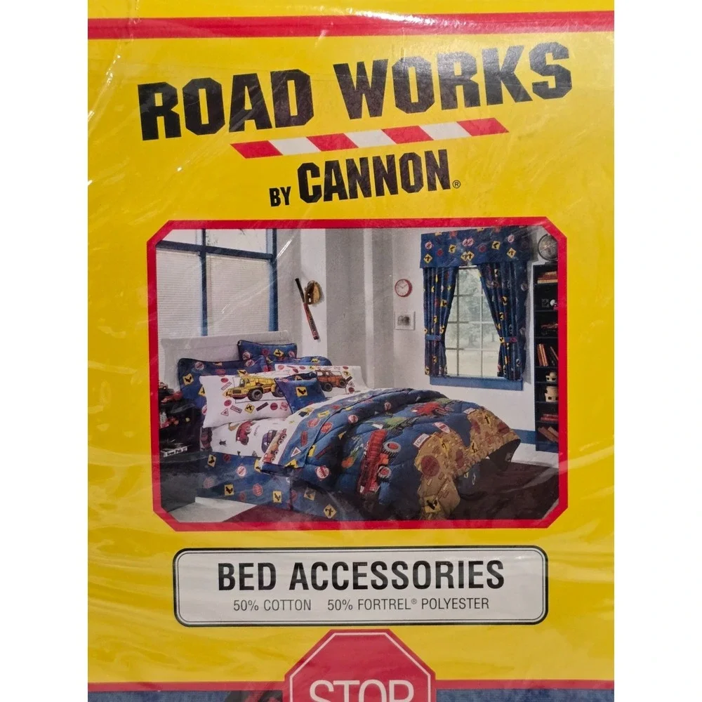 Vtg Cannon Construction Trucks Road Works Rod‎ Pocket Draperies Tie Backs 84x63
